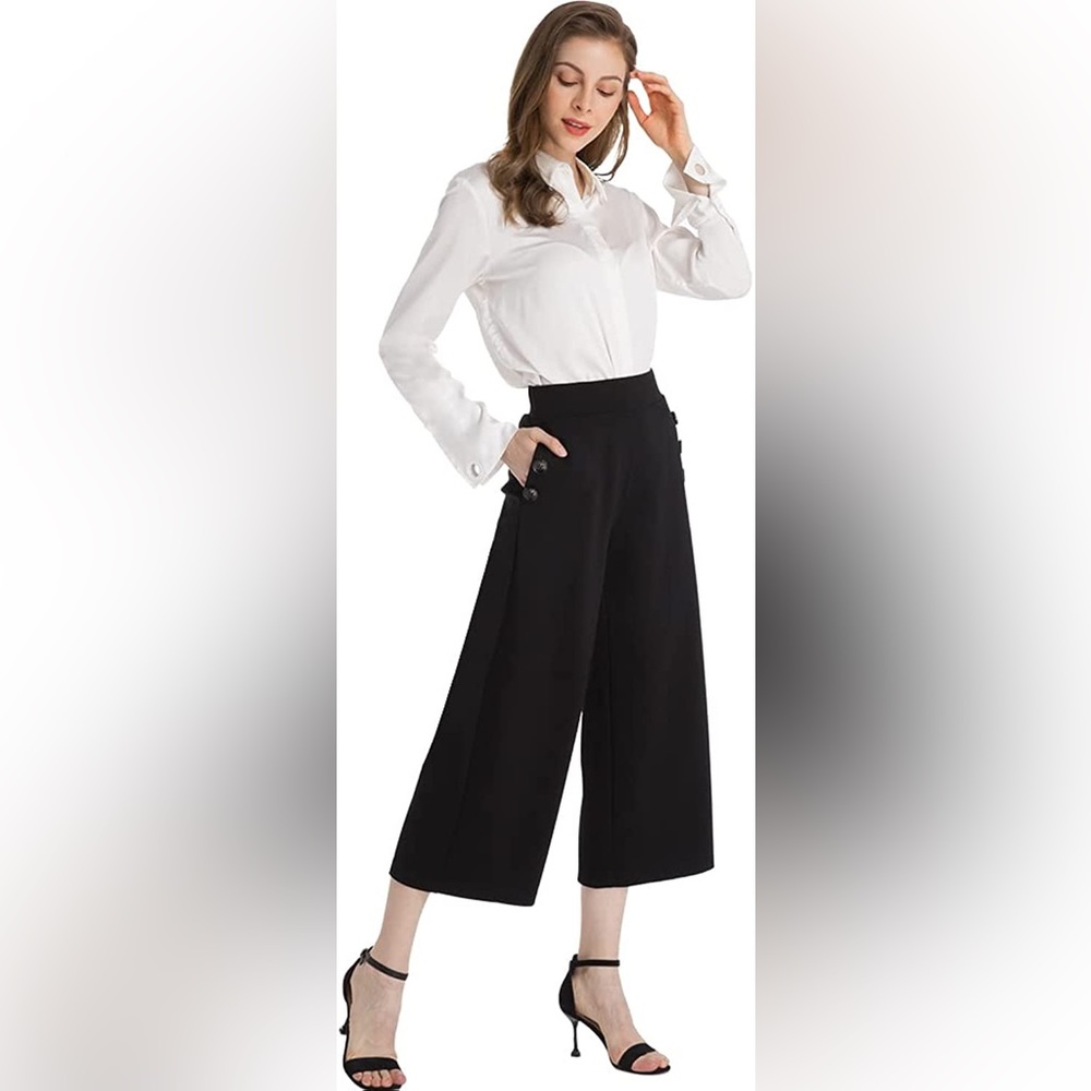 Ginasy Black Wide Leg Pants Dress Pants Stretch High Waist Crop Capris Culottes